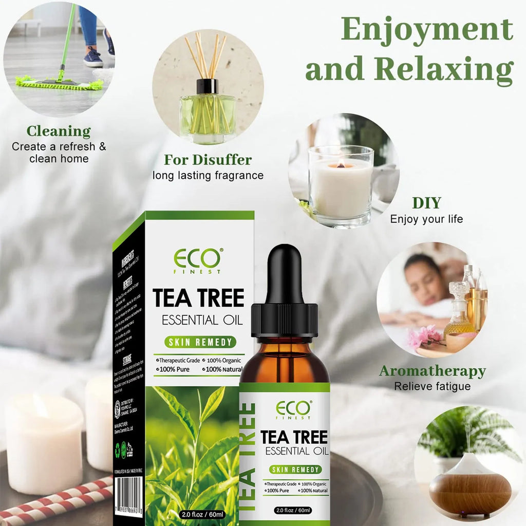 60ml bottle of tea tree essential oil for acne and massage use.