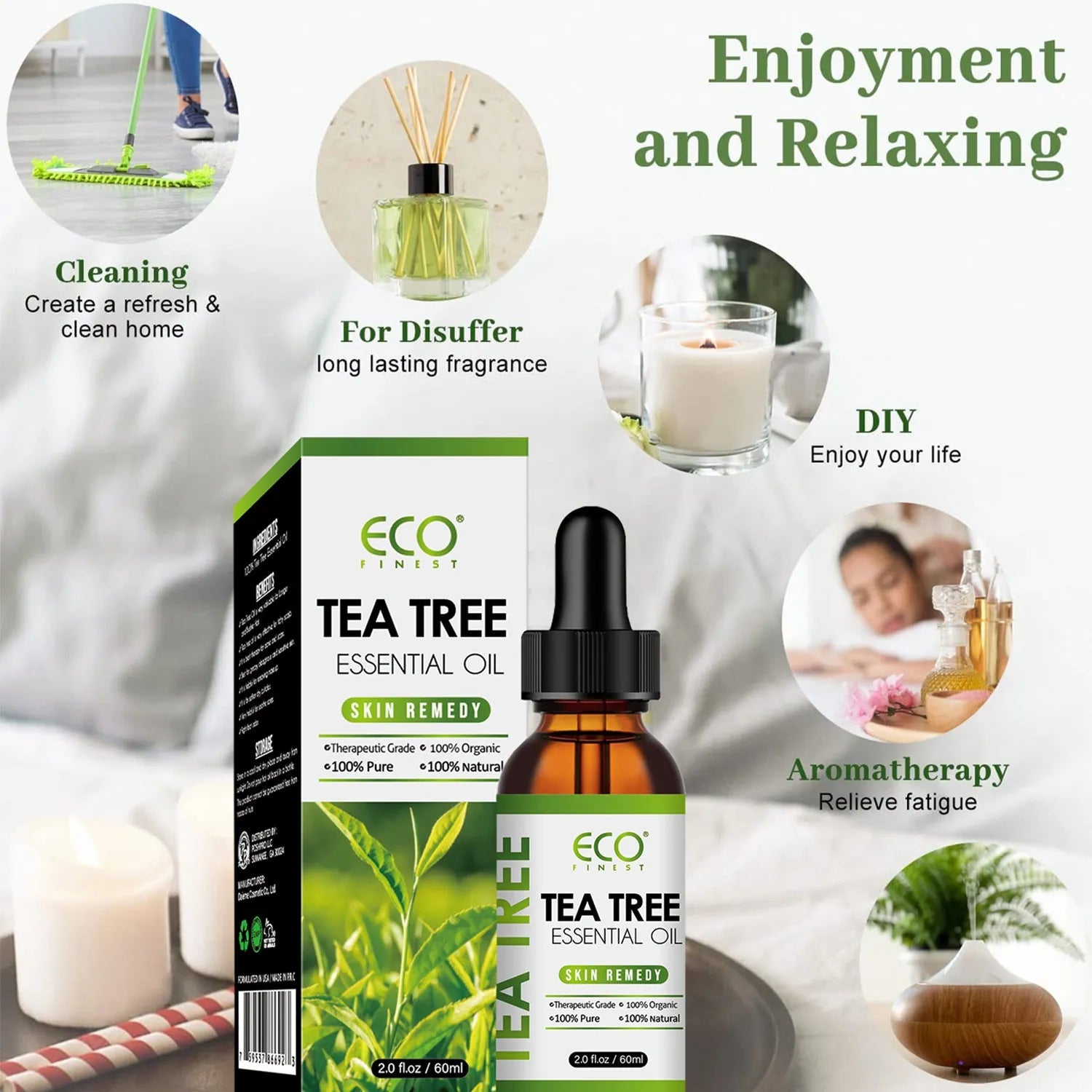 60ml bottle of tea tree essential oil for acne and massage use.