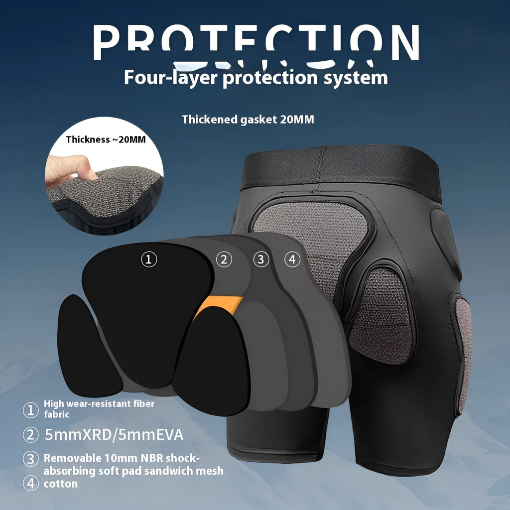 X-ray diffraction skiing protective gear showing hip pad and knee pad set for inner wear cushioning.