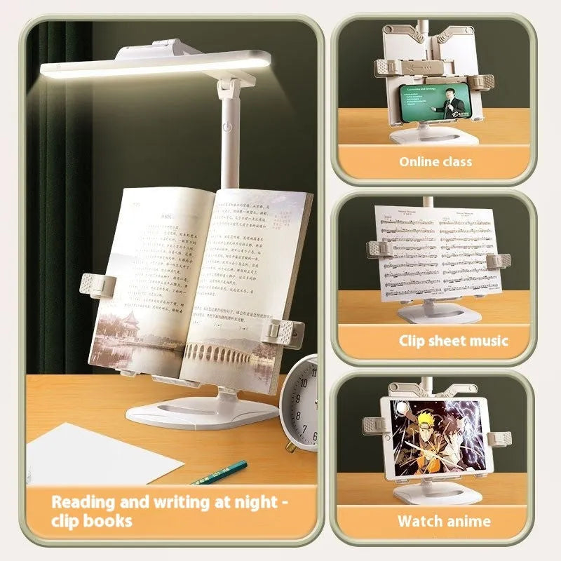 Multifunctional adjustable table lamp on a bookshelf showing three colour temperature settings and dual charging plug