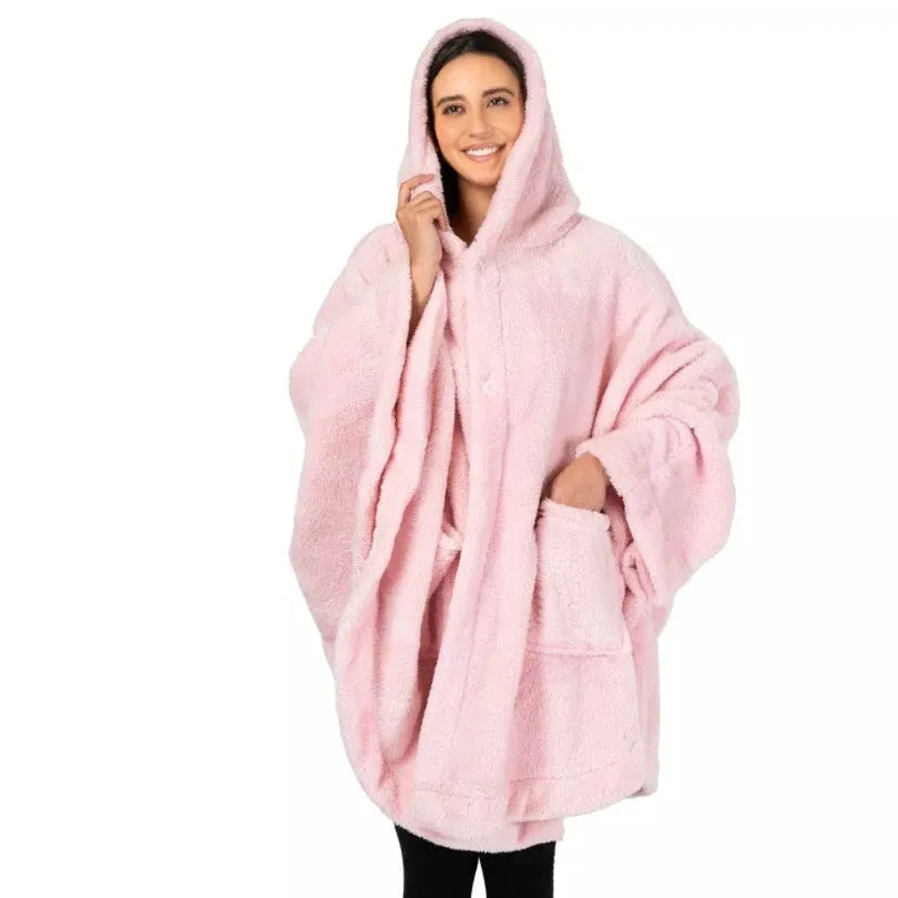 Thick cloak-style hooded bathrobe in black, dark grey, or pink, with long sleeves