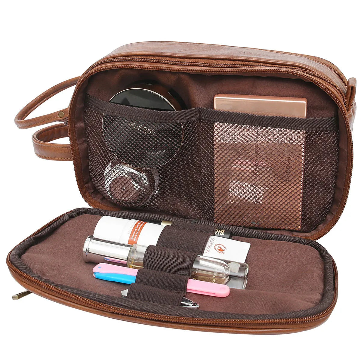 Men's black and brown PU leather toiletry bag for travel storage.