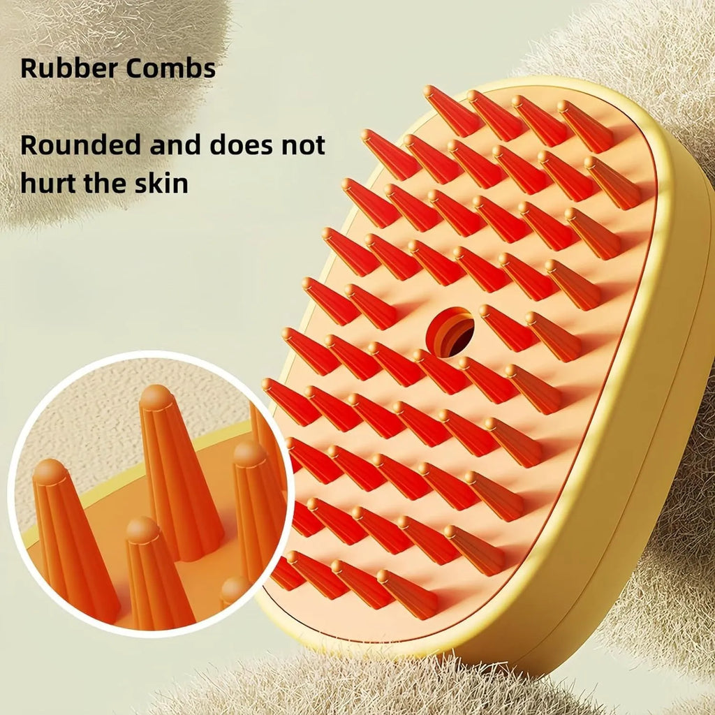 White rechargeable steam pet brush with water tank and silicone comb teeth for dogs and cats