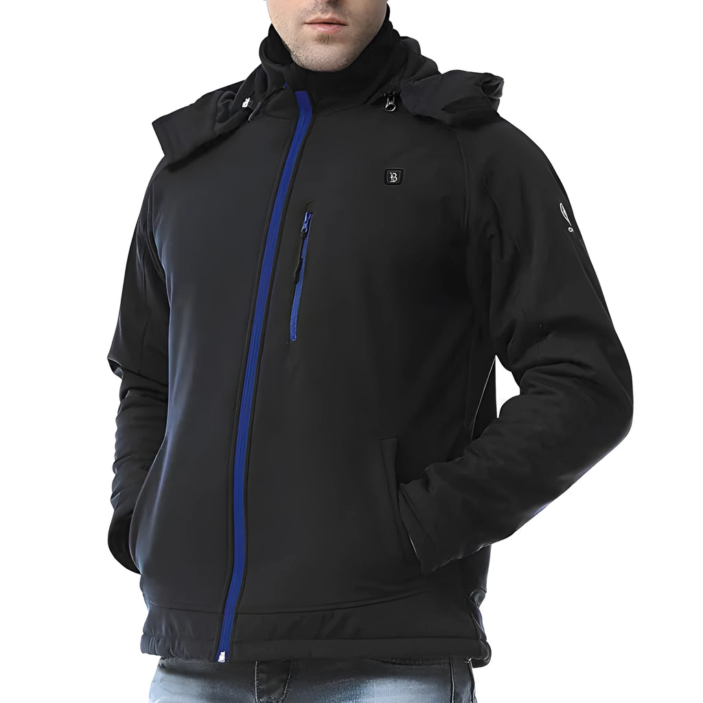 Black USB heated waterproof windproof thermal coat for men with straight hem and zipper pockets