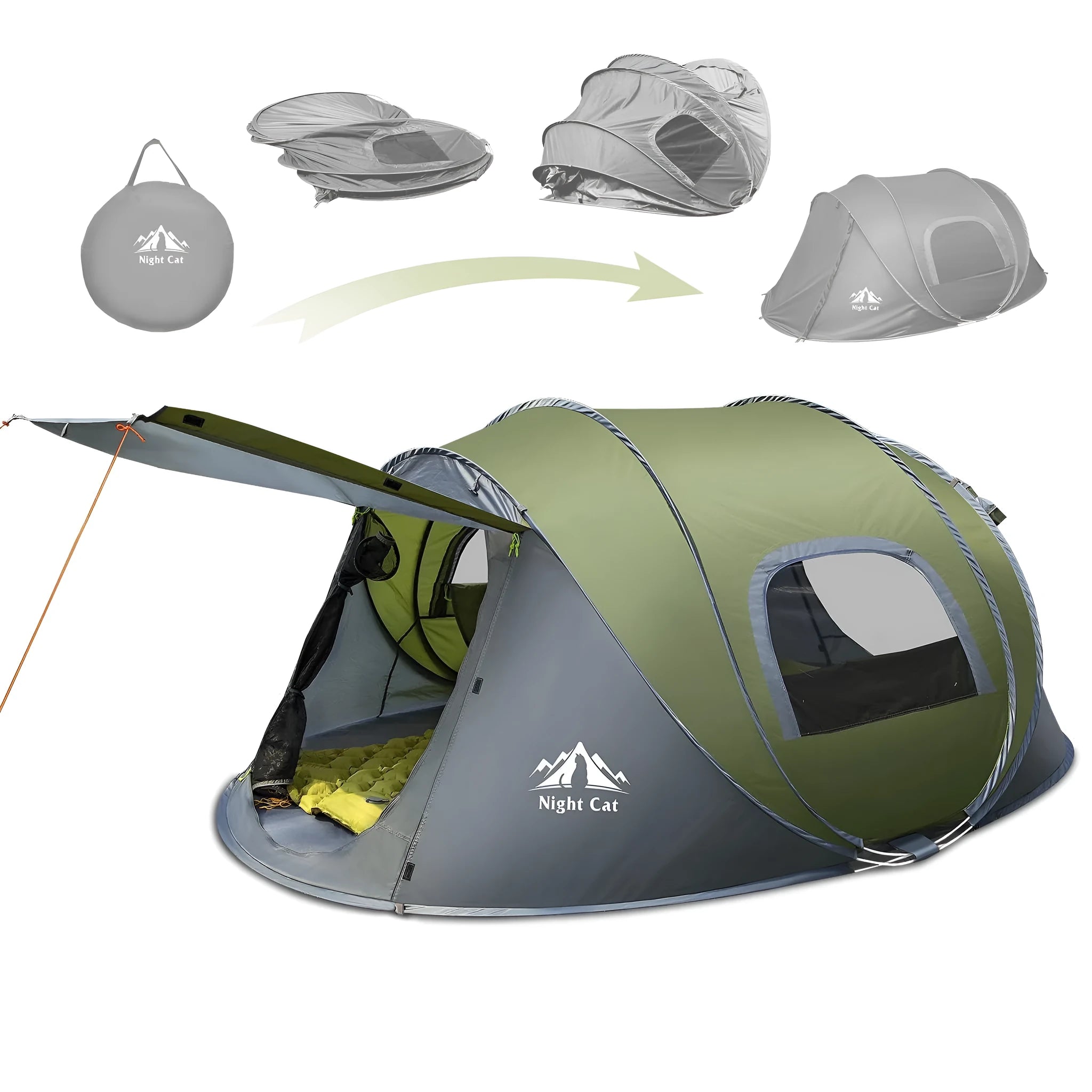 Dark green automatic pop-up camping tent for 2 people with waterproof rainfly