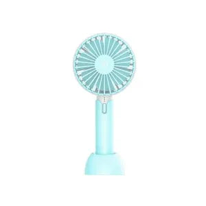 Blue handheld mini electric fan with USB cable, 3-speed buttons, and oscillating head