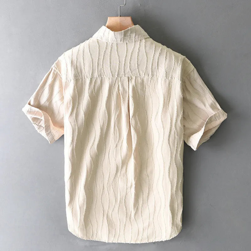 Men's pure cotton short sleeve casual shirt in apricot colour with Japanese fresh style and loose fit