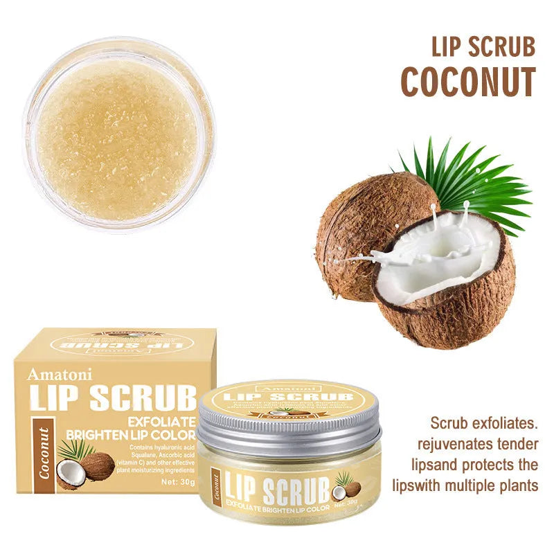 Amatoni lip scrub cream pot in coconut, raspberry, vanilla or watermelon flavour, 30g.