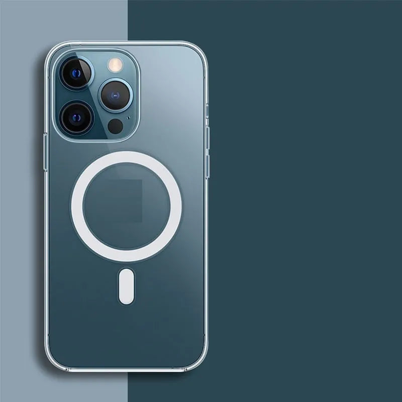 Clear transparent magnetic phone case for iPhone with MagSafe compatibility ring visible