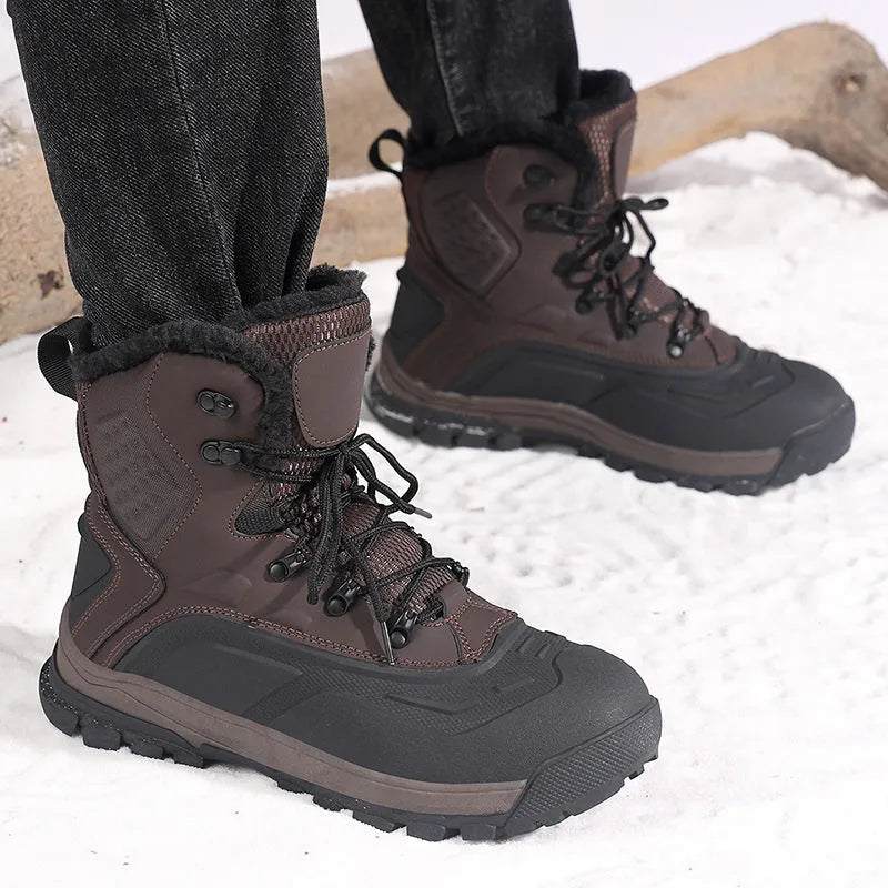 Men's black high-top lace-up boots with fleece lining, shown on a size chart