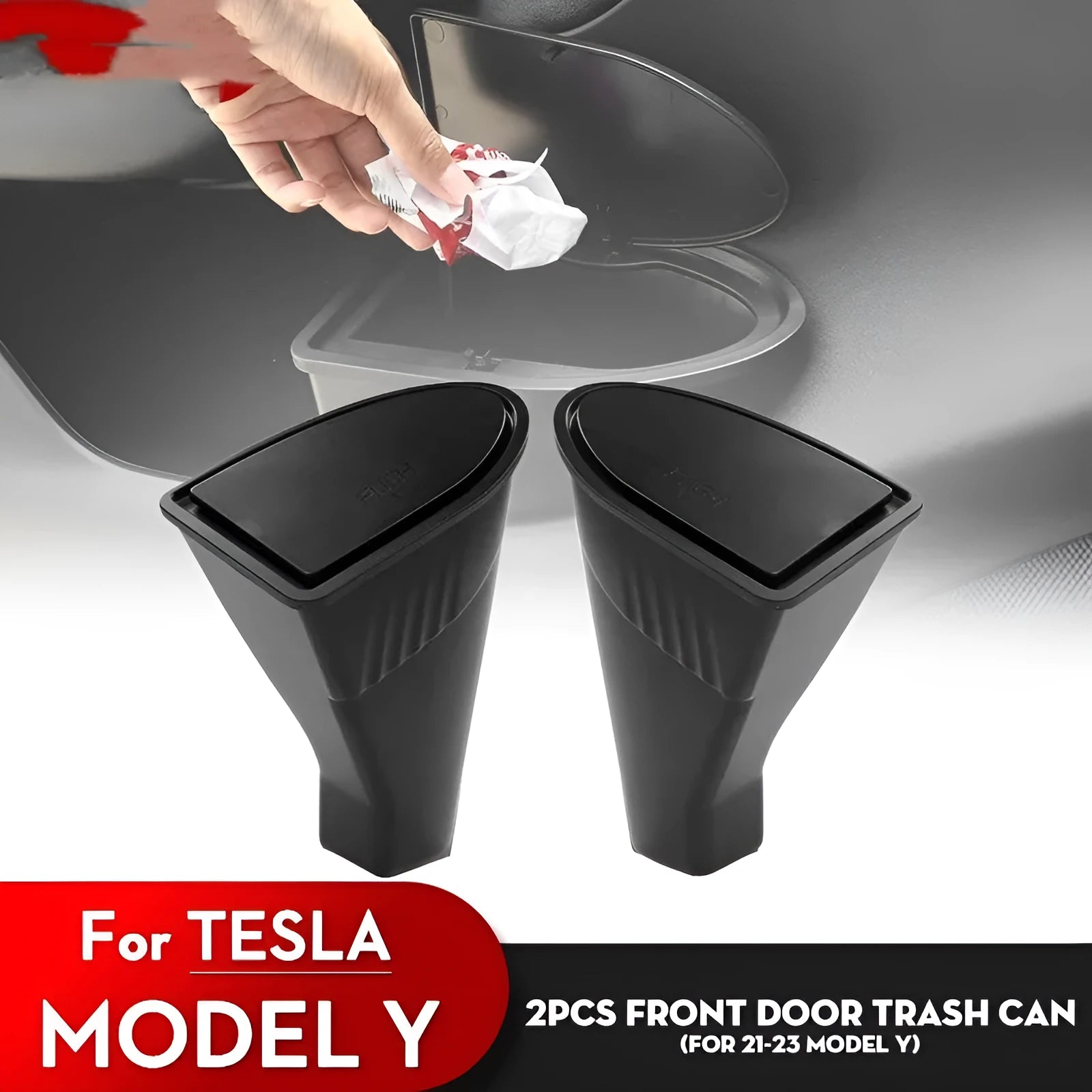 Black ABS plastic car door storage bin and trash can designed for Tesla Model Y front seats.