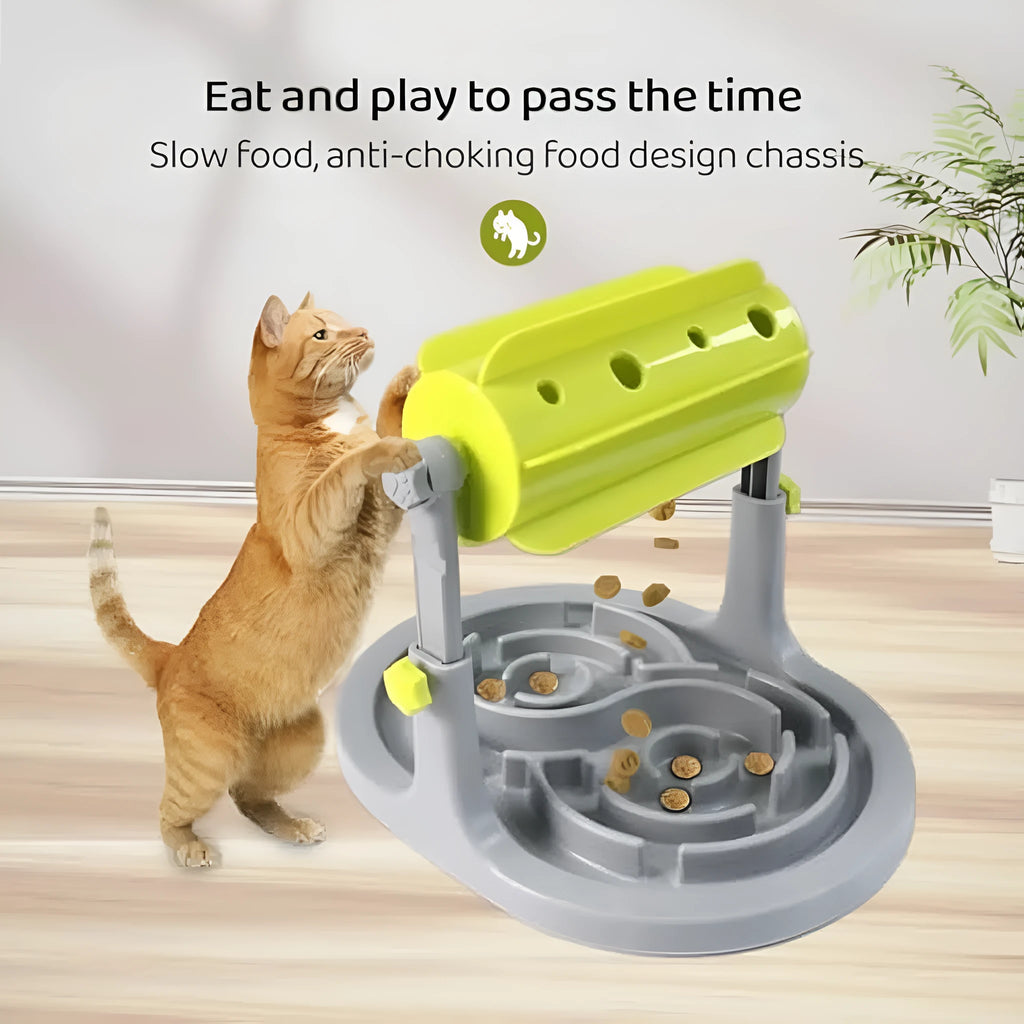 Blue interactive pet food puzzle toy with adjustable height and irregular raised patterns for slow feeding