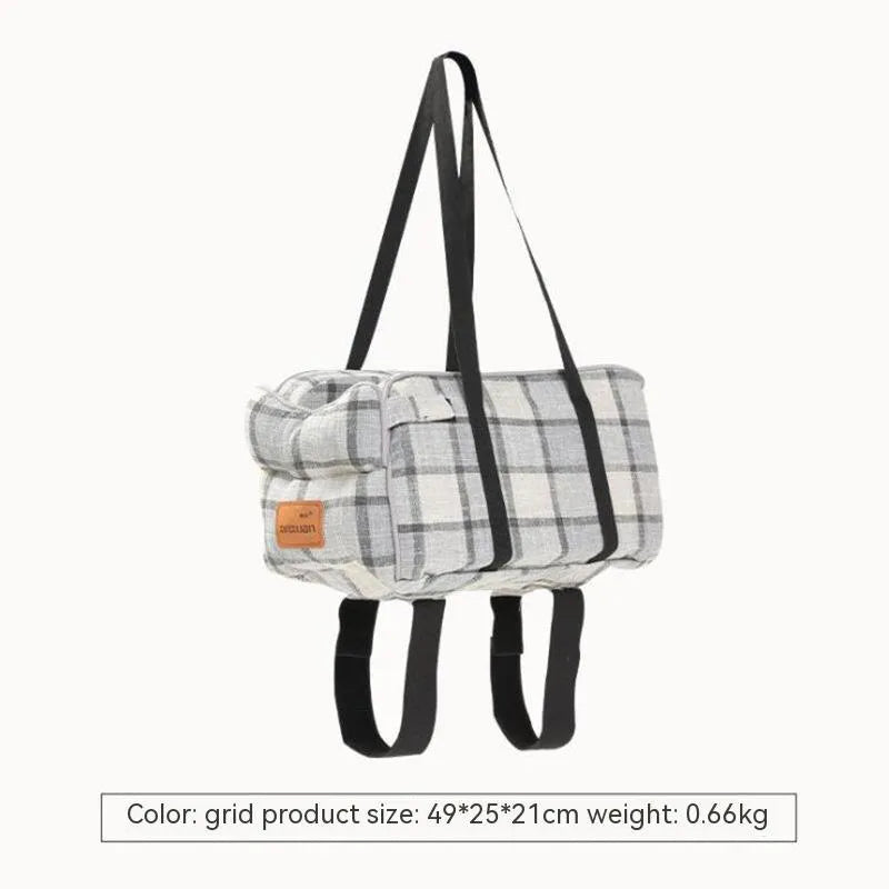 Breathable cloth car central control pet bag with blue ribbon and mesh strap, designed for travel use