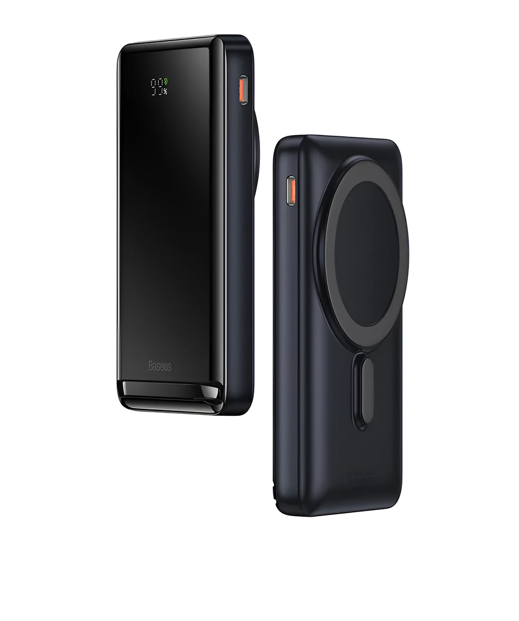 Slim magnetic wireless power bank in blue showing compact dimensions and charging cable