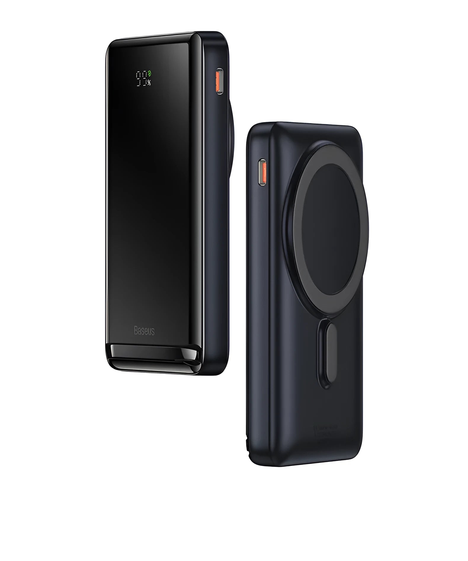 Slim magnetic wireless power bank in blue showing compact dimensions and charging cable