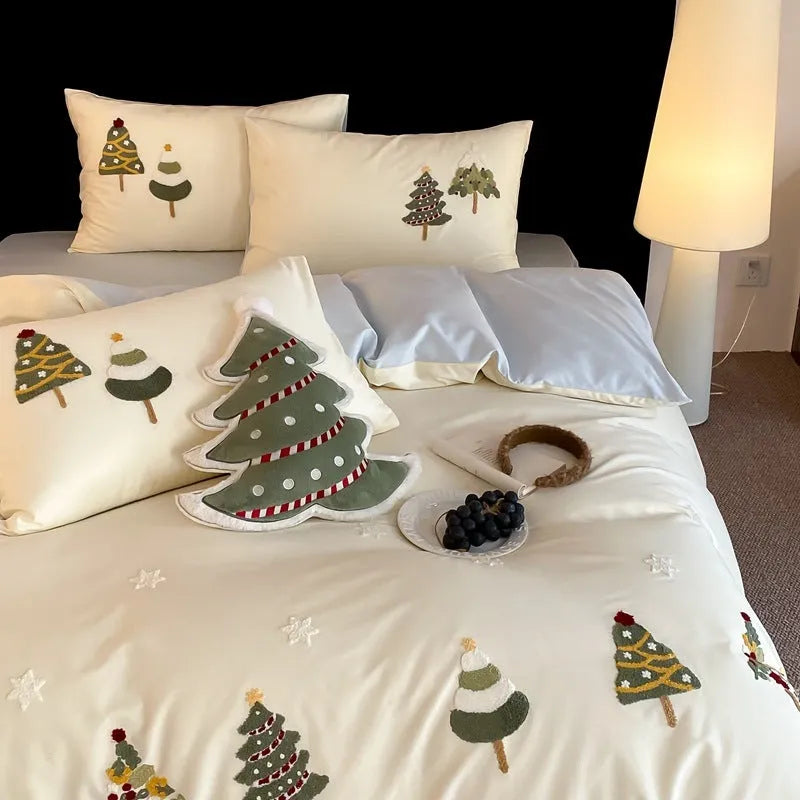 Pure cotton four-piece bedding set with embroidered Christmas tree towel design on plant and flower pattern