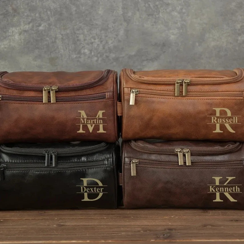 Men's black PU leather travel bag with seven interior compartments showing cosmetics section