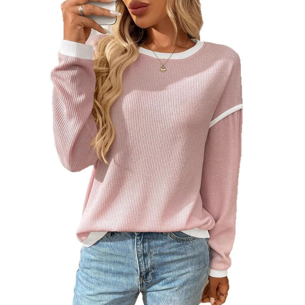 Women's round neck loose fit imitation sweater top in multiple colour options with long sleeves