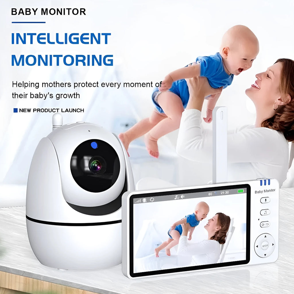 White wireless baby monitor with 5-inch screen showing baby room video