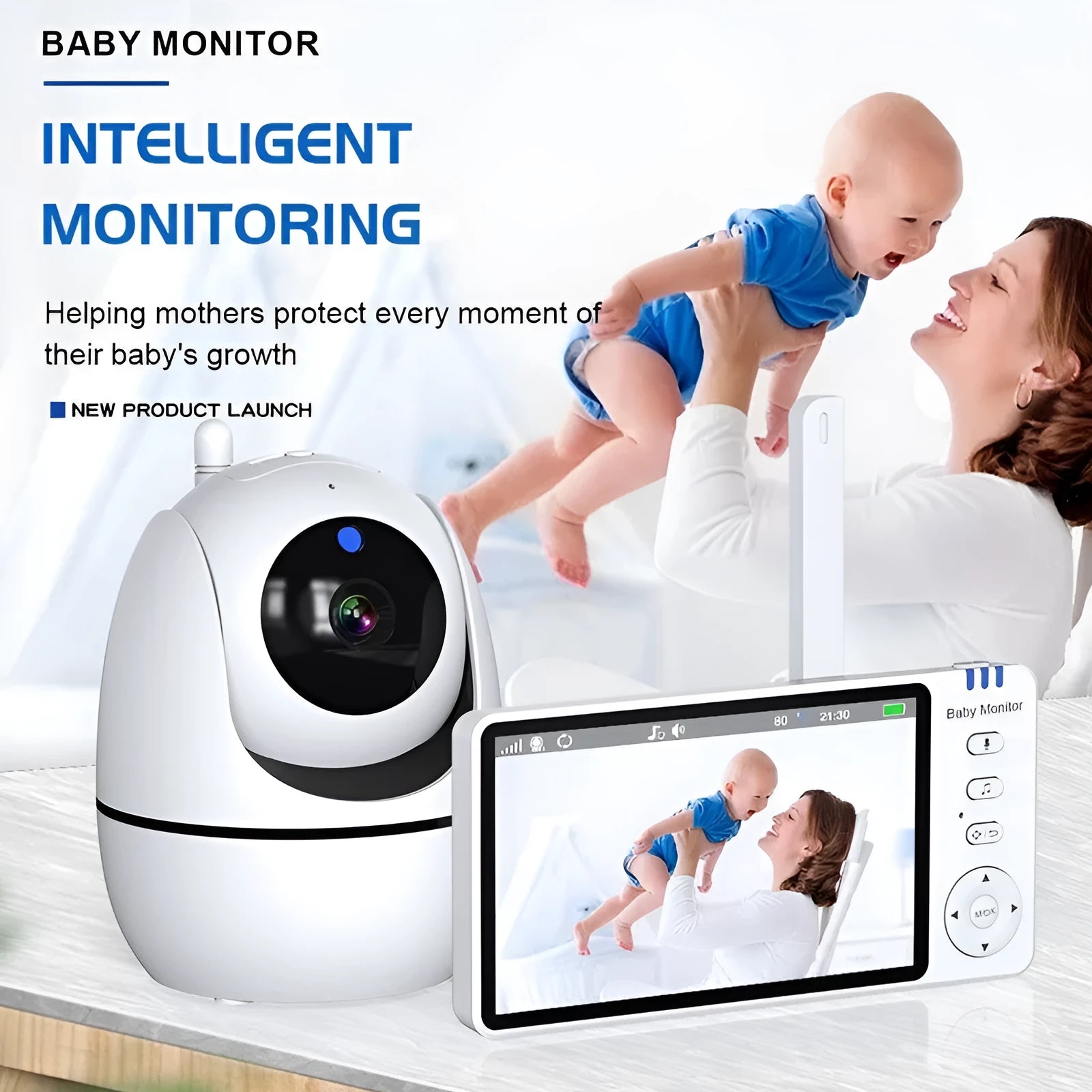 White wireless baby monitor with 5-inch screen showing baby room video