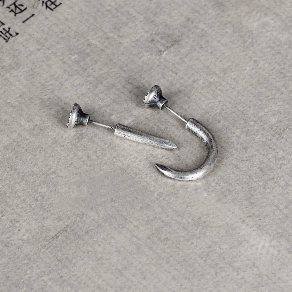 S925 sterling silver punk nail stud earrings showing straight and curved nail designs