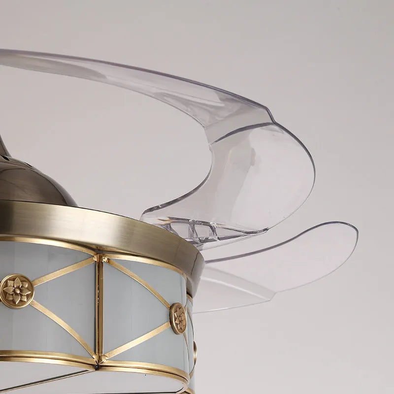 Gold 42 inch ceiling fan light with invisible blades and remote control on a white background