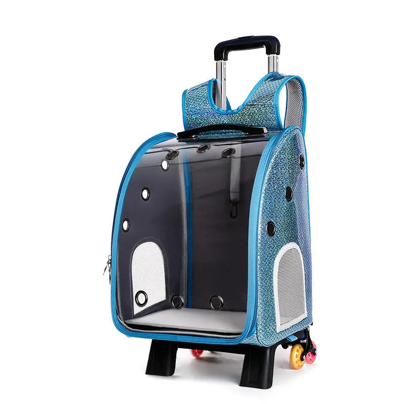 Transparent pet trolley shoulder bag with folding design for small dogs and cats
