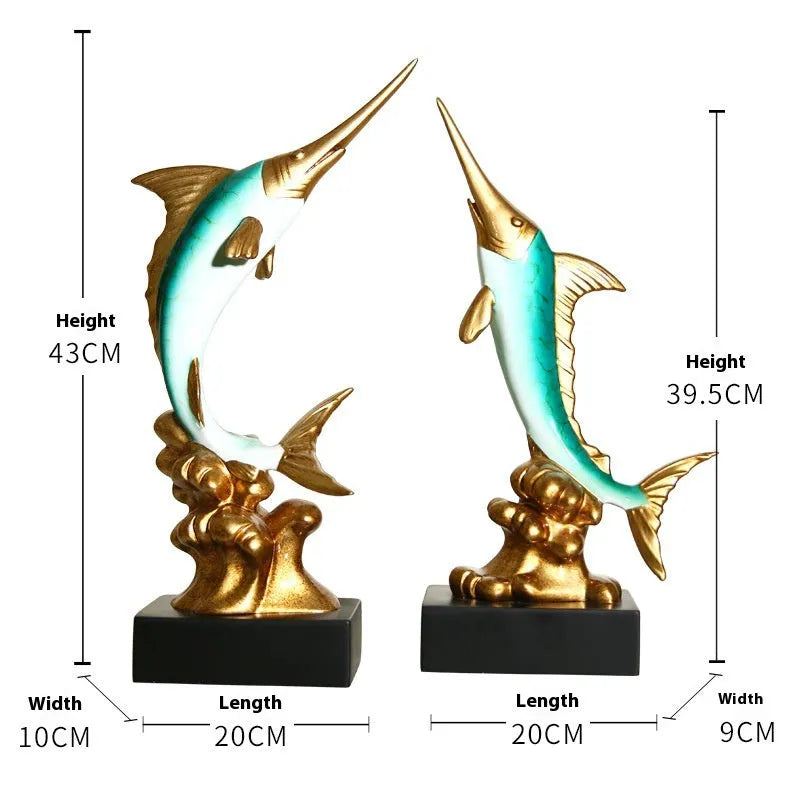 European style resin swordfish decoration ornament in Ocean Green, Lake Blue, Coral Red or Bright Gold for shelf display