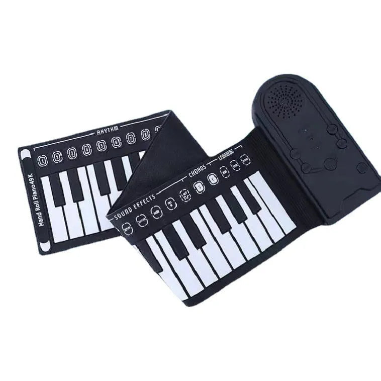 Folding electronic keyboard with 49 keys in pearl white colour, shown both rolled and unrolled