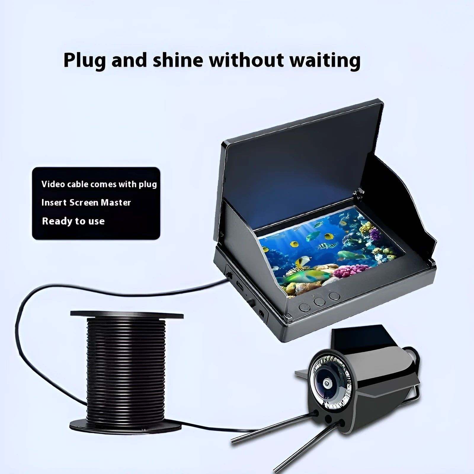 Fish finder unit with 4.3-inch screen connected to an underwater camera on a long cable