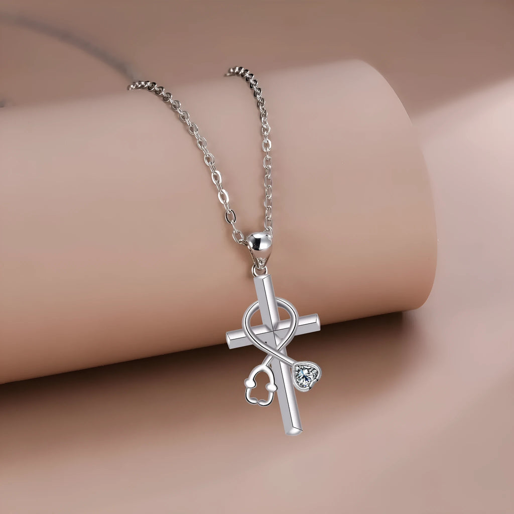 Cross stethoscope necklace with copper pendant on cross chain, electroplated finish