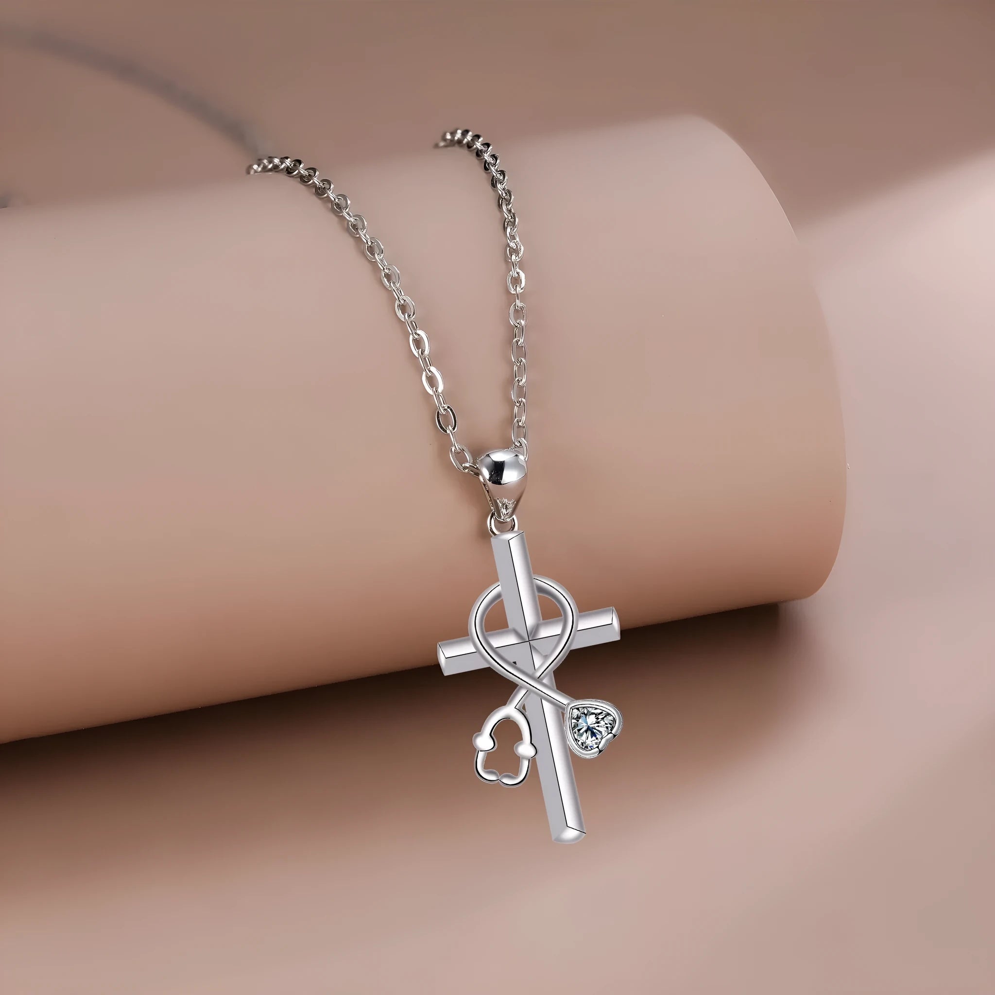 Cross stethoscope necklace with copper pendant on cross chain, electroplated finish