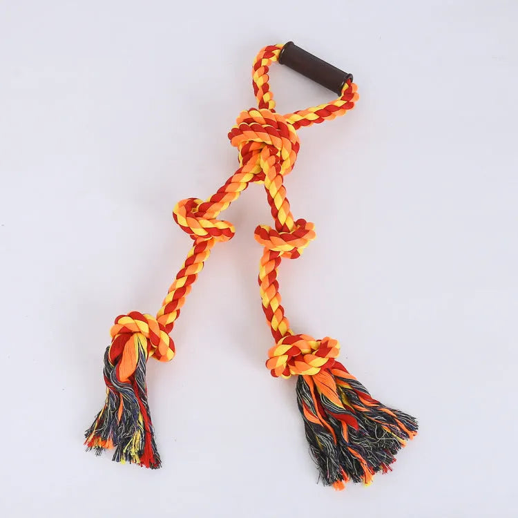 Large blue and yellow cotton rope dog toy with ergonomic handle for tug of war