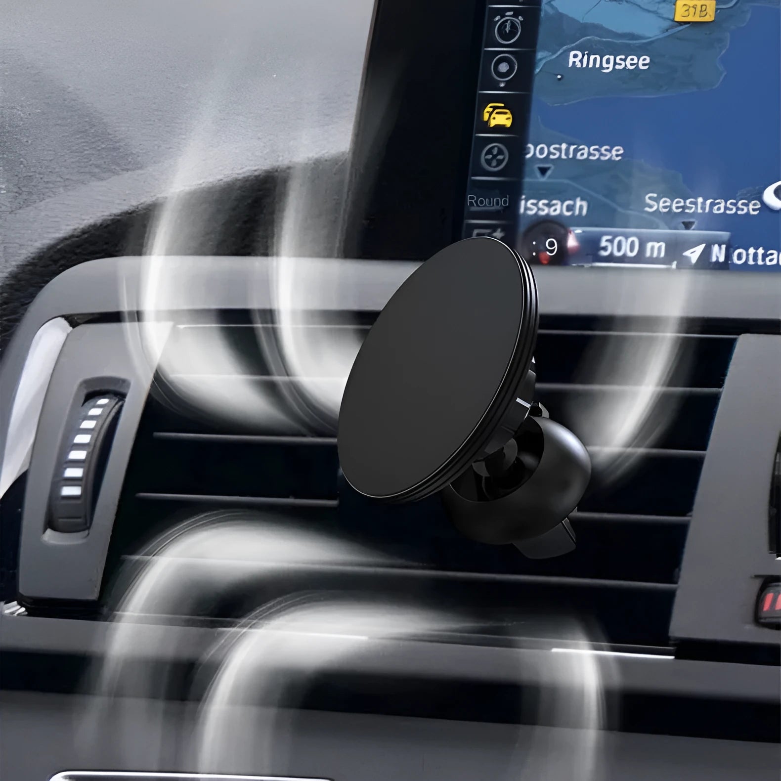 Black aluminium alloy magnetic car air vent phone holder mounted on vehicle dashboard