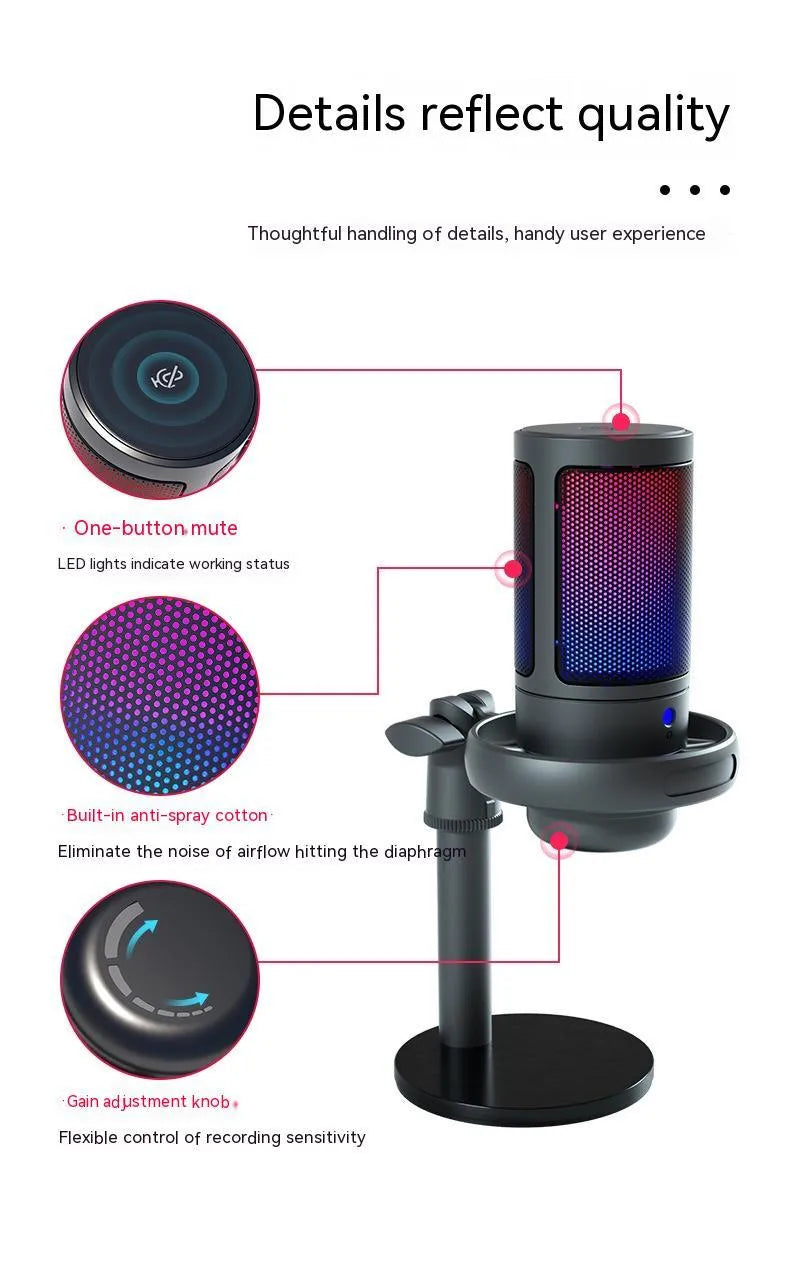 RGB condenser microphone for live streaming in black, white, or pink with 150cm cable
