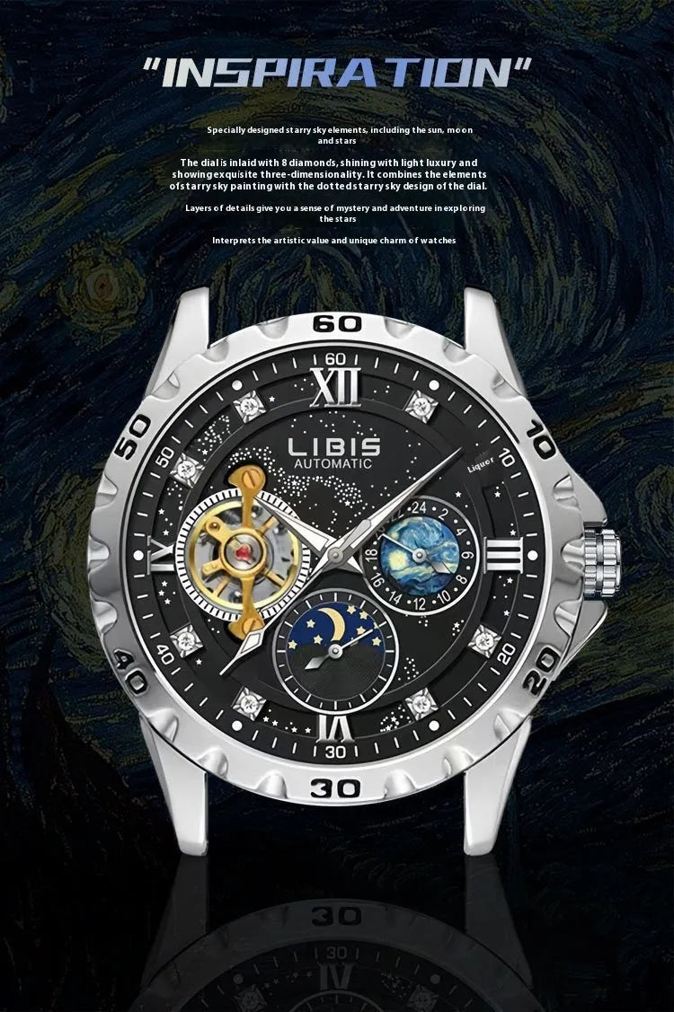 Men's silver case automatic mechanical watch with black genuine leather strap and luminous waterproof features