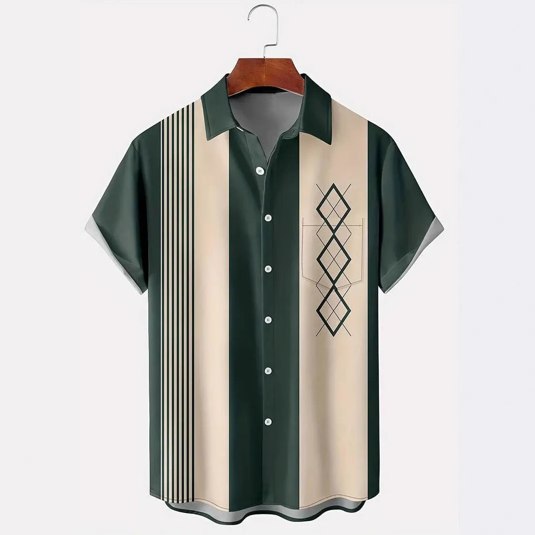 Man wearing loose fit plaid short sleeve shirt with lapel collar in contrasting colours