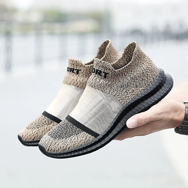 Breathable Flyknit slip-on socks shoes in khaki with MD sole and decorative tassel.