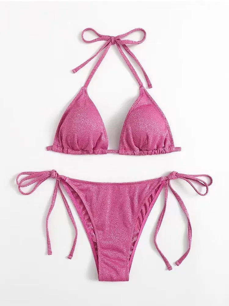 Women's split bandage style bikini swimsuit in polyester, shown in one of six available colours.