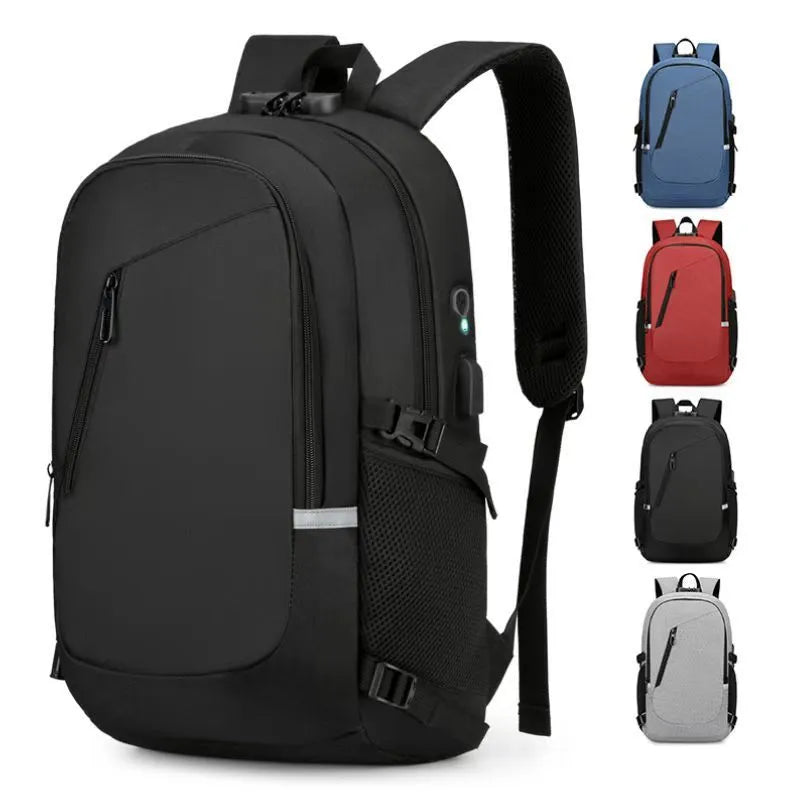 Oxford cloth computer backpack in blue colour showing front view with street trend styling