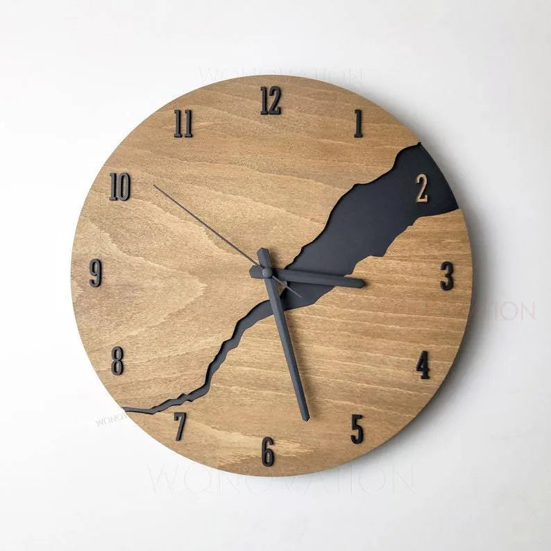 Modern wooden wall clock with a creative crack finish, shown in one of five available colour options.
