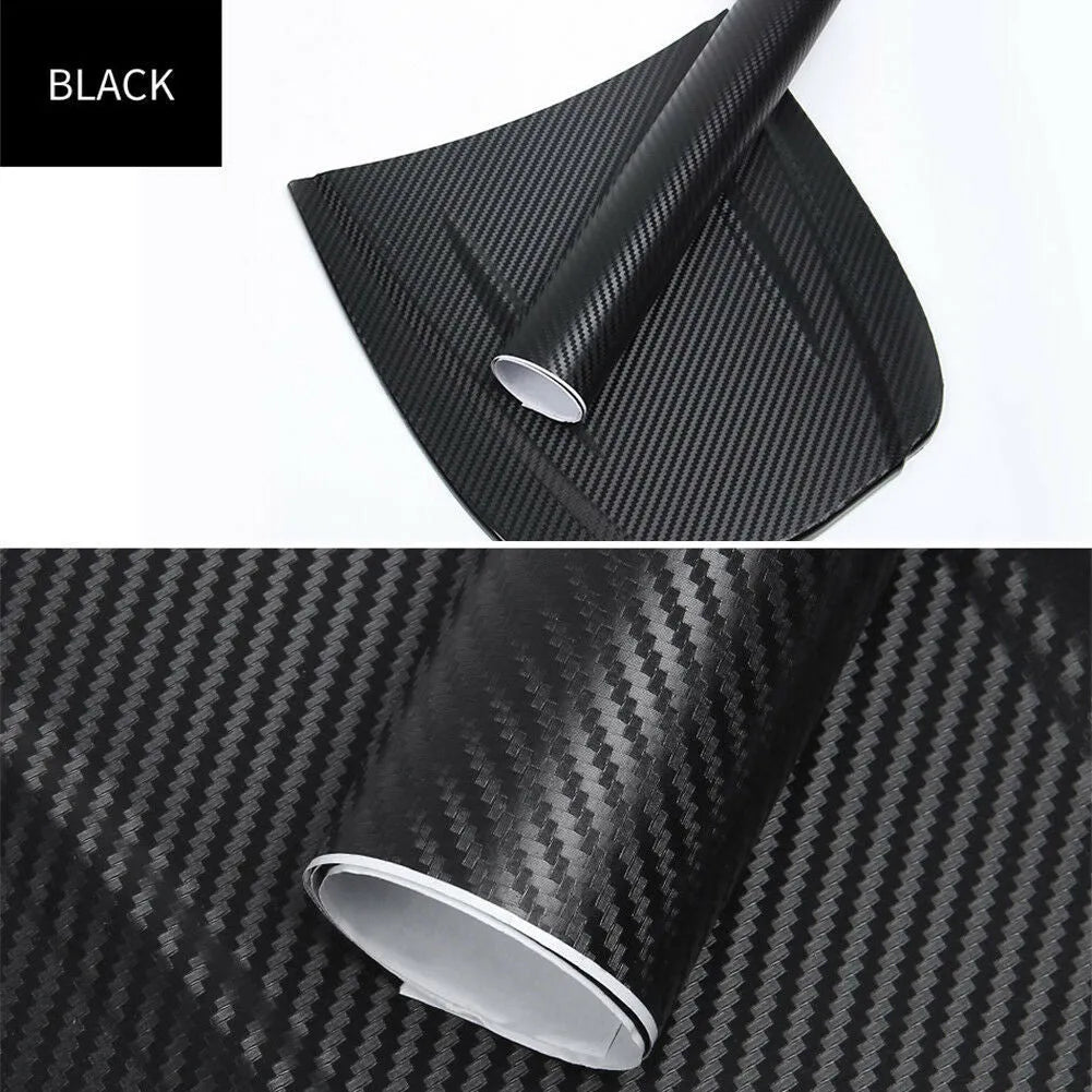 3D carbon fibre sticker roll for car decoration in eight colour options showing textured material
