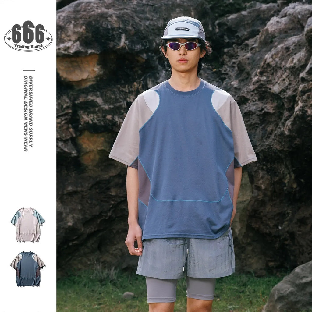Men's loose fit patchwork contrast colour cotton blend T-shirt with raglan short sleeves