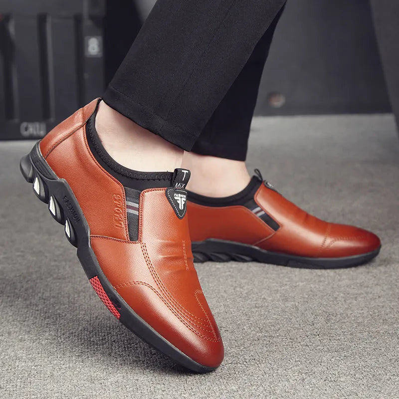 Men's black and brown PU leather shoes with flat heel business casual design