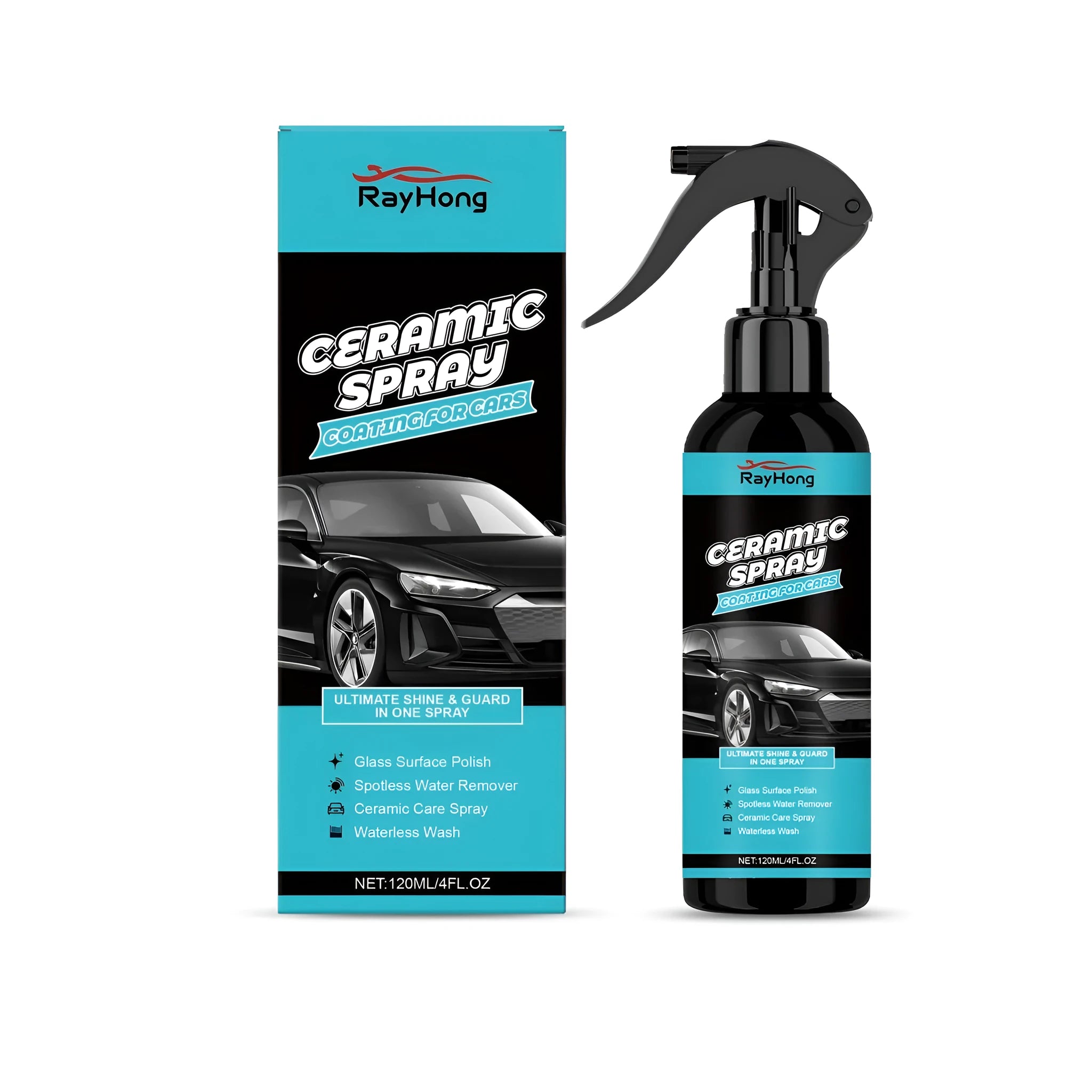 120ml bottle of PTFE ceramic coating spray for car paint protection on a clean car bonnet.
