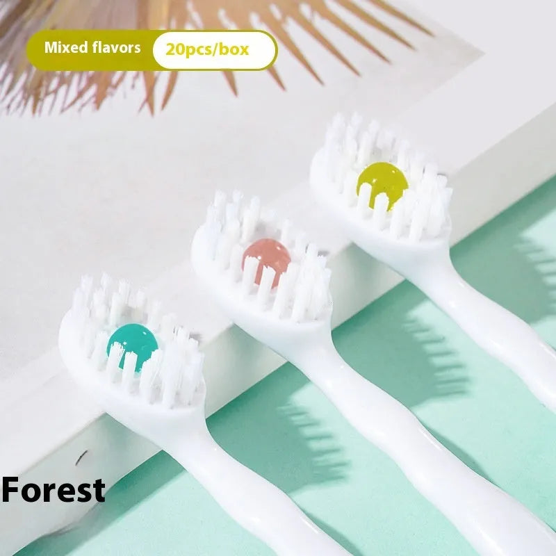 Box of disposable bead toothbrushes showing mint, peach, and plum green tea flavour options for travel.