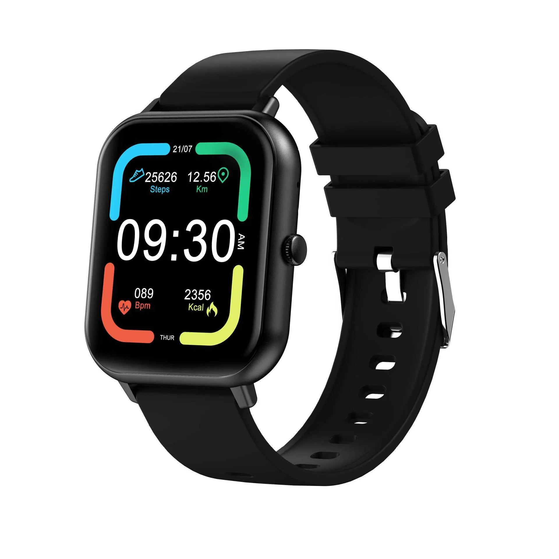 Bluetooth smart watch with AI voice control and heart rate monitor in black, silver grey, pink, or khaki colour.