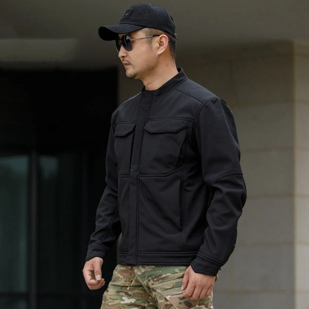 Black tactical soft shell mountaineering jacket for outdoor camping and winter sports