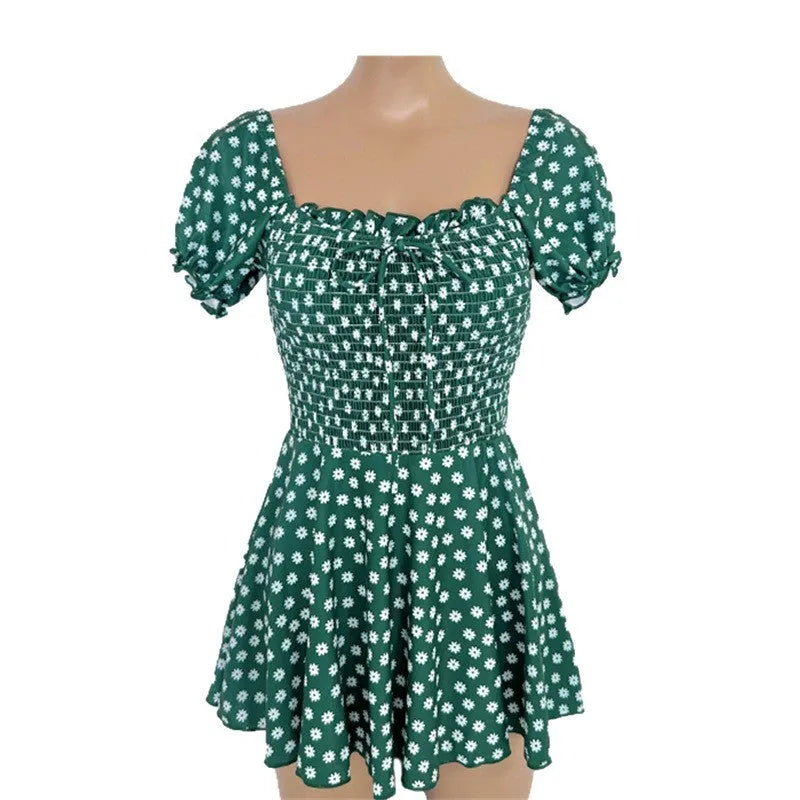 Floral one-piece skirt-style swimsuit for women short sleeves nylon fabric green colour