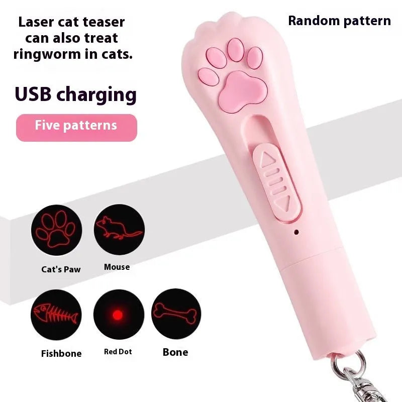 Handheld cat teaser toy with pen light feature in cream white, pink or blue colour options.